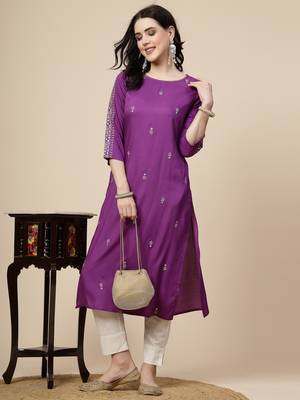 Women purple color embroidery staright kurta 1