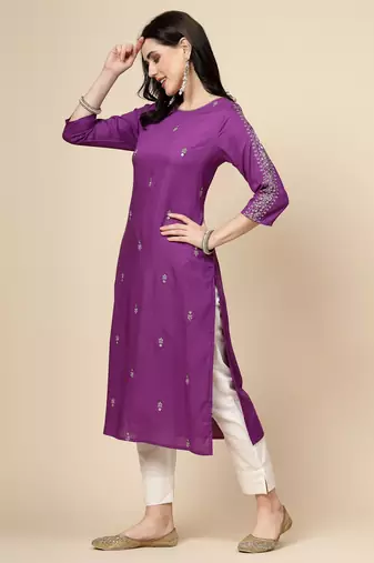 Women purple color embroidery staright kurta