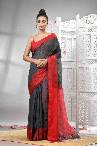 Grey cotton blend solid body red pallu handloom saree