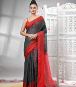 Grey cotton blend solid body red pallu handloom saree