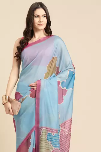 Silk Land Aqua Abstract Soft Silk Blend Saree With Unstitched Blouse Piece