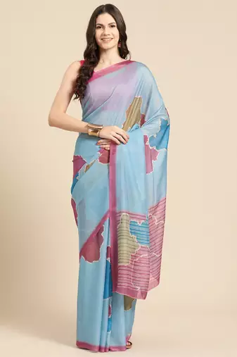 Silk Land Aqua Abstract Soft Silk Blend Saree With Unstitched Blouse Piece