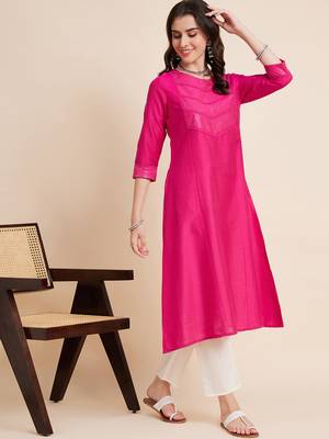 Women pink color embroidery a-line kurta 2