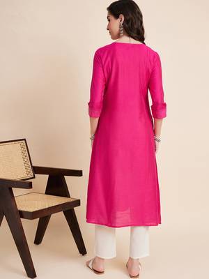 Women pink color embroidery a-line kurta 3
