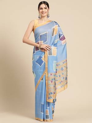 Silk Land Blue Abstract Soft Silk Blend Saree With Unstitched Blouse Piece 1
