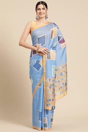 Silk Land Blue Abstract Soft Silk Blend Saree With Unstitched Blouse Piece