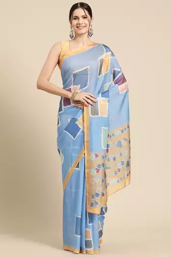 Silk Land Blue Abstract Soft Silk Blend Saree With Unstitched Blouse Piece