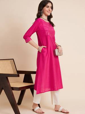 Women pink color embroidery a-line kurta 5