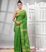 Green cotton blend solid body design pallu handloom saree