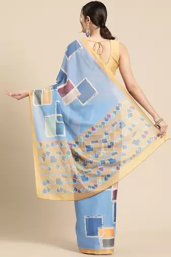 Silk Land Blue Abstract Soft Silk Blend Saree With Unstitched Blouse Piece