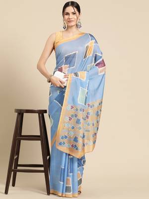Silk Land Blue Abstract Soft Silk Blend Saree With Unstitched Blouse Piece 3