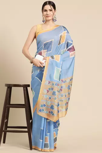 Silk Land Blue Abstract Soft Silk Blend Saree With Unstitched Blouse Piece
