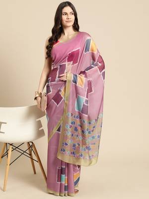 Silk Land Pink Abstract Soft Silk Blend Saree With Unstitched Blouse Piece 1
