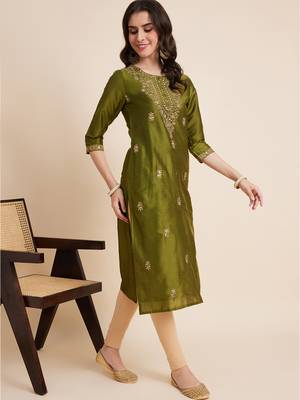 Women green color embroidery staright kurta 1