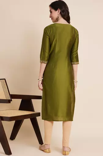 Women green color embroidery staright kurta