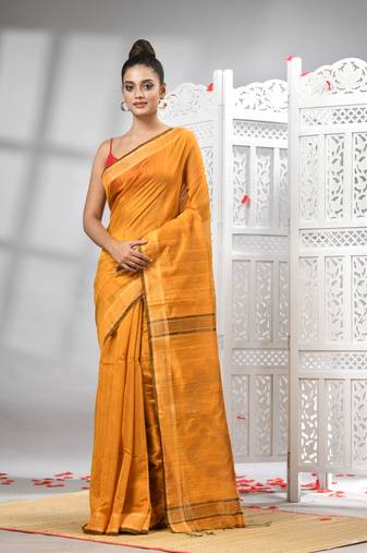 Yellow cotton blend solid body design pallu handloom saree