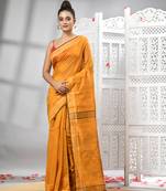 Yellow cotton blend solid body design pallu handloom saree