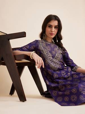 Women blue color embroidery staright kurta 1
