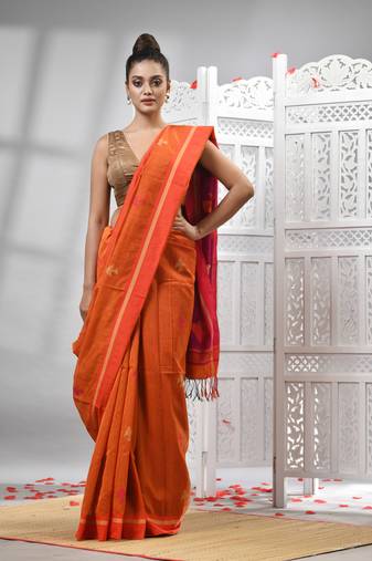Orange cotton blend all body motive with rani pallu handloom saree