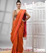 Orange cotton blend all body motive with rani pallu handloom saree