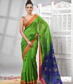 Green cotton blend all body motive with blue pallu handloom saree