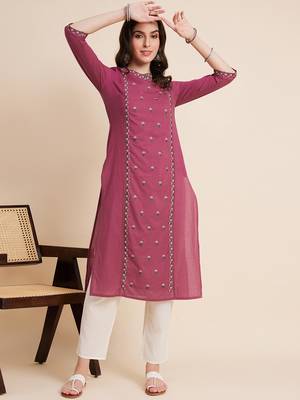 Women mauve color embroidery staright kurta 1