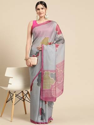 Silk Land Dark Grey Abstract Soft Silk Blend Saree With Unstitched Blouse Piece 1