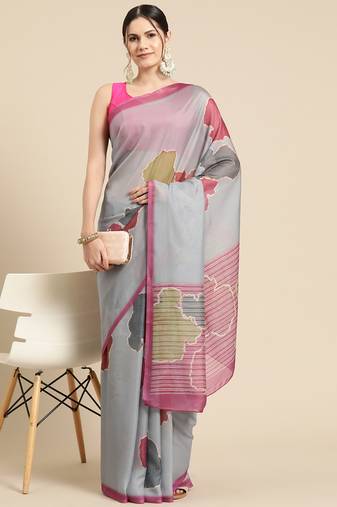 Silk Land Dark Grey Abstract Soft Silk Blend Saree With Unstitched Blouse Piece