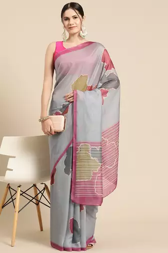 Silk Land Dark Grey Abstract Soft Silk Blend Saree With Unstitched Blouse Piece