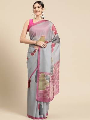 Silk Land Dark Grey Abstract Soft Silk Blend Saree With Unstitched Blouse Piece 2