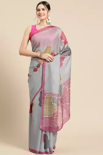 Silk Land Dark Grey Abstract Soft Silk Blend Saree With Unstitched Blouse Piece