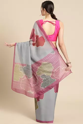 Silk Land Dark Grey Abstract Soft Silk Blend Saree With Unstitched Blouse Piece