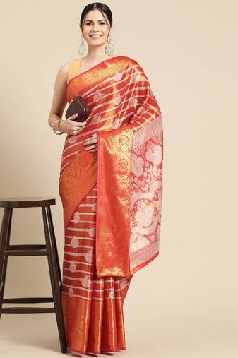 Silk Land Red Woven Design Silk Blend Saree With Unstitched Blouse Piece