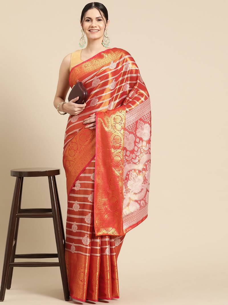 Silk Land Red Woven Design Silk Blend Saree With Unstitched Blouse Piece