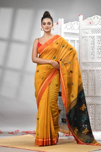 Yellow cotton blend all body motive with black pallu handloom saree