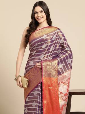 Silk Land Purple Woven Design Silk Blend Saree With Unstitched Blouse Piece 1