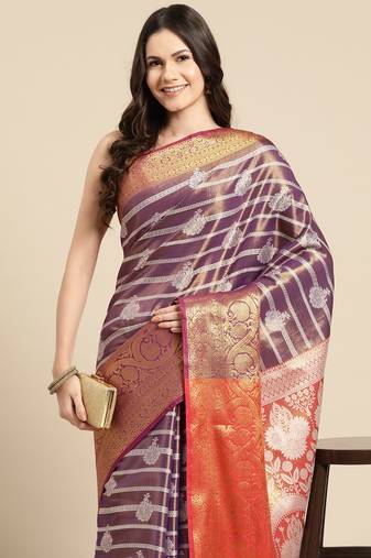 Silk Land Purple Woven Design Silk Blend Saree With Unstitched Blouse Piece