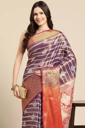 Silk Land Purple Woven Design Silk Blend Saree With Unstitched Blouse Piece