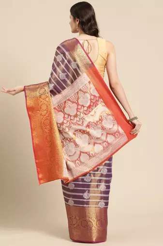 Silk Land Purple Woven Design Silk Blend Saree With Unstitched Blouse Piece