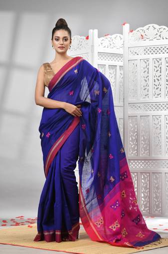 Blue cotton blend all body motive with rani pallu handloom saree