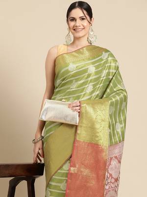 Silk Land Parrot Green Woven Design Silk Blend Saree With Unstitched Blouse Piece 1