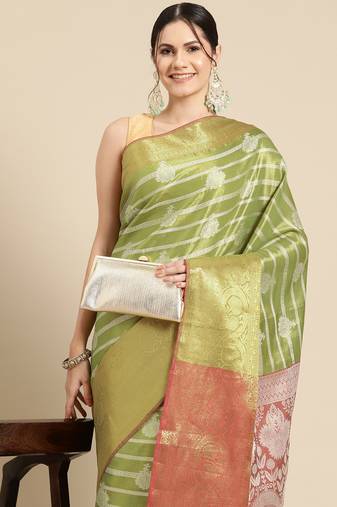 Silk Land Parrot Green Woven Design Silk Blend Saree With Unstitched Blouse Piece