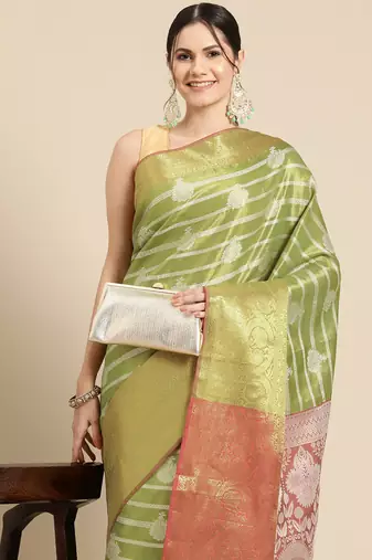 Silk Land Parrot Green Woven Design Silk Blend Saree With Unstitched Blouse Piece
