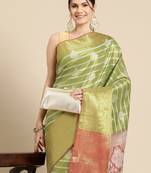 Silk Land Parrot Green Woven Design Silk Blend Saree With Unstitched Blouse Piece
