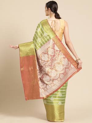 Silk Land Parrot Green Woven Design Silk Blend Saree With Unstitched Blouse Piece 2