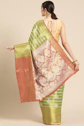 Silk Land Parrot Green Woven Design Silk Blend Saree With Unstitched Blouse Piece