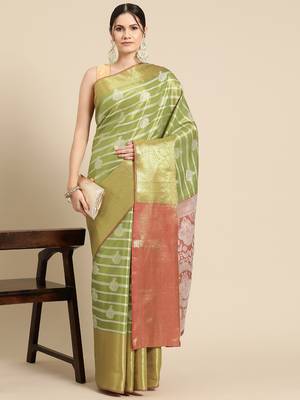 Silk Land Parrot Green Woven Design Silk Blend Saree With Unstitched Blouse Piece 3