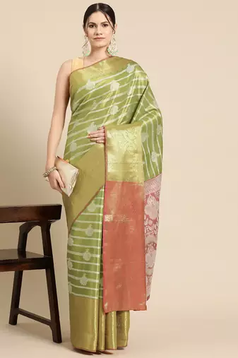 Silk Land Parrot Green Woven Design Silk Blend Saree With Unstitched Blouse Piece