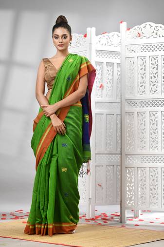 Green cotton blend all body motive with blue pallu handloom saree