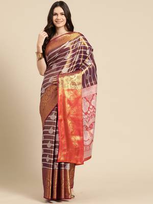Silk Land Wine Woven Design Silk Blend Saree With Unstitched Blouse Piece 1